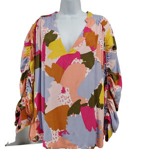 Eloquii Elements Womens Rayon Popover Top Ruched Sleeves Abstract Artsy Size 20